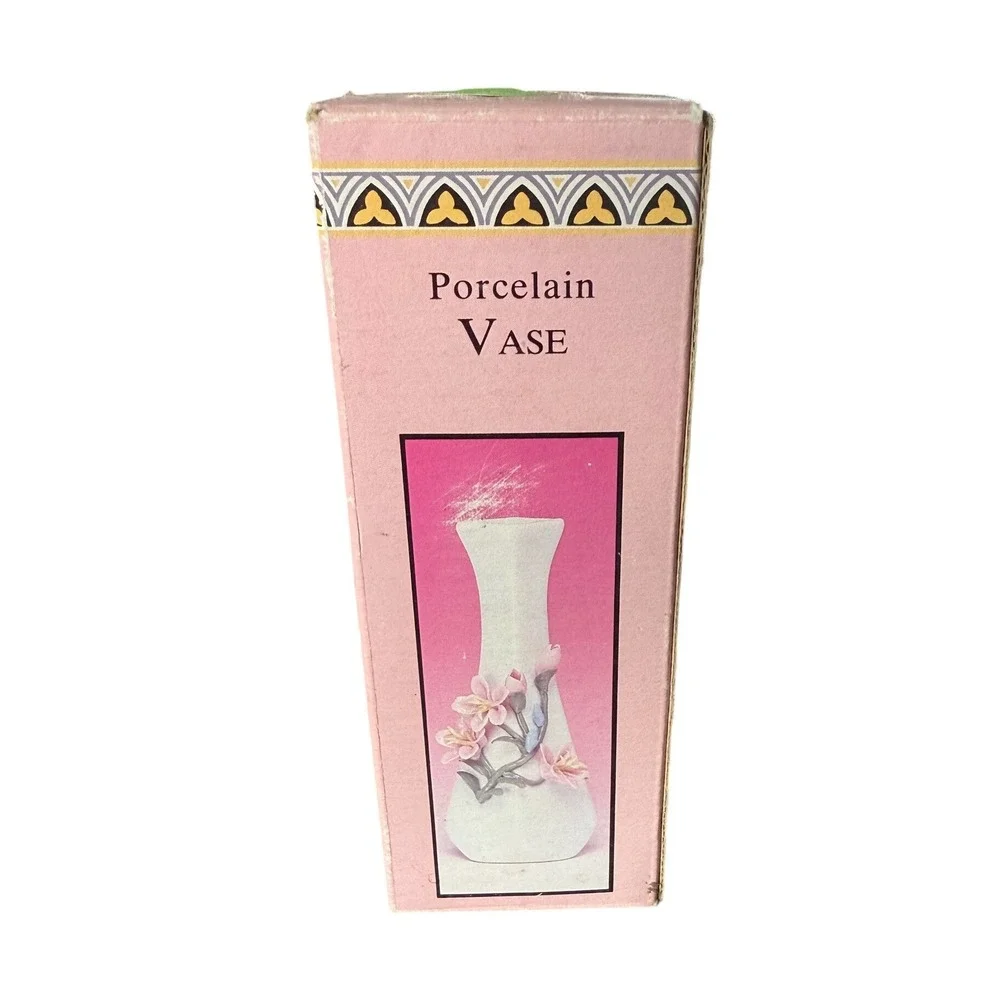 Vintage White Porcelain Bud Vase 3D Pink Floral Applied Design 7.25 Inch